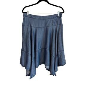 Anthropologie HD In Paris Asymmetrical Midi Skirt 8 Blue Chambray Hanky Hem